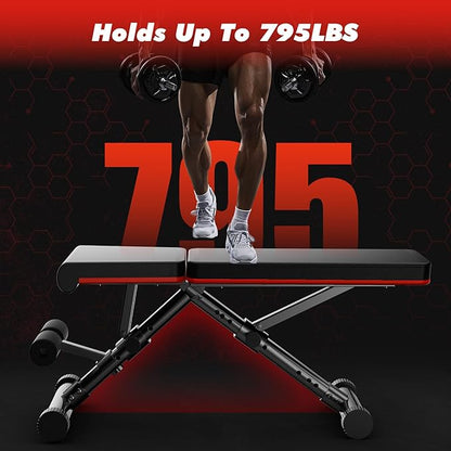 Sweetcrispy Adjustable Weight Bench for Home Gym, Foldable Incline Workout Bench Press with 795 LBS Weight Capacity, Strength Training Fitness Equipment for Full Body Exercise