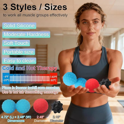HODEMI Massage Ball Set, 3 Pack Spiky Ball, Lacrosse Ball & Peanut Massage Roller for Trigger Point Therapy, Deep Tissue Muscle Relaxation for Back, Neck, Hip, Leg & Foot with Mesh Bag