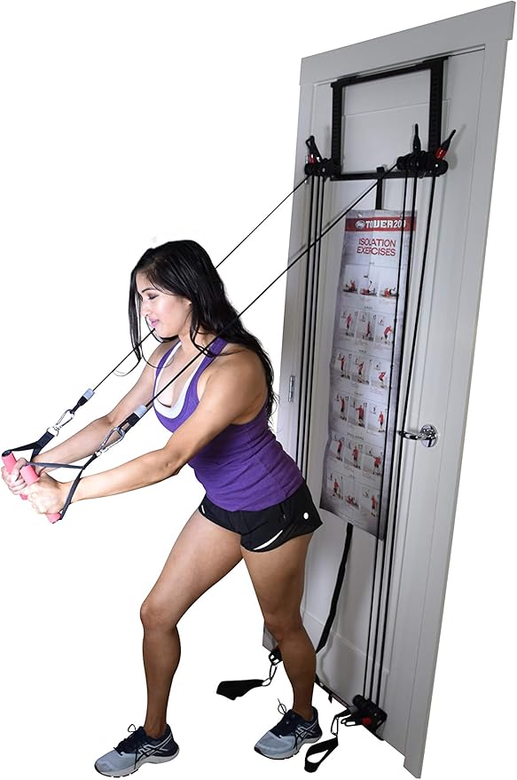 Home Gym Complete Body Exercise Workout Resistance Bands Door Gym w 2X Handles, 2X Ankle Straps and Straight Bar Included