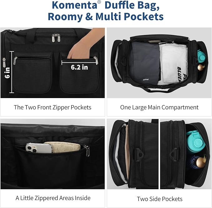 20 inch Gym Bag for Men, 40L Sports Duffle Bag with side pockets durable Weekend Overnight Bag for Travel, Workout, Fitness (Black)