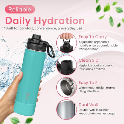Y TOP 24oz Insulated Water Bottle Leak Proof Spout Lid Fits in Car Cup Holder – Double Wall Dishwasher Safe Easy Clean stainless steel drinking water bottle for Gym Kids Sports Travel Hiking School