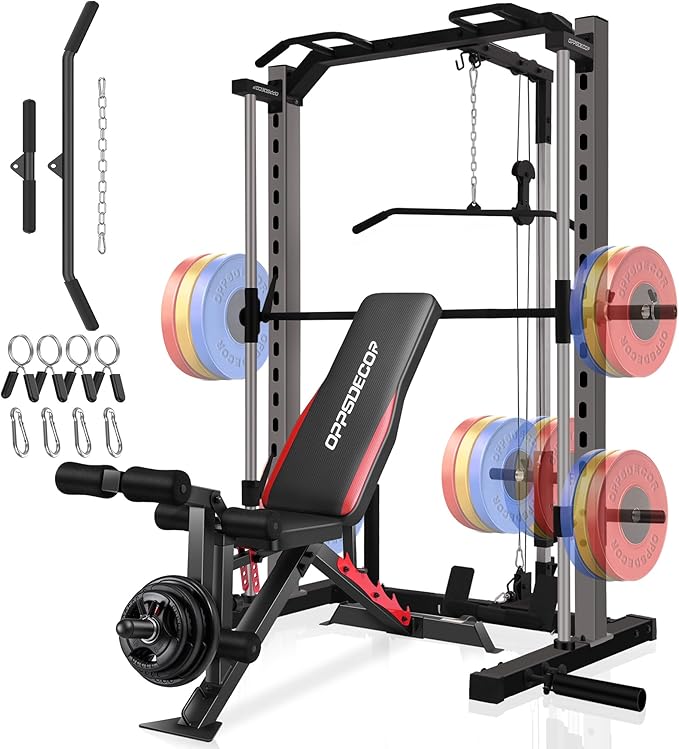 OPPSDECOR Smith Machine Power Rack for Home Gym - All-in-One Power Cage Squat Rack with LAT Pulldown, Cable Machine & Barbell Bar - Multi-Functional Strength Training Equipment