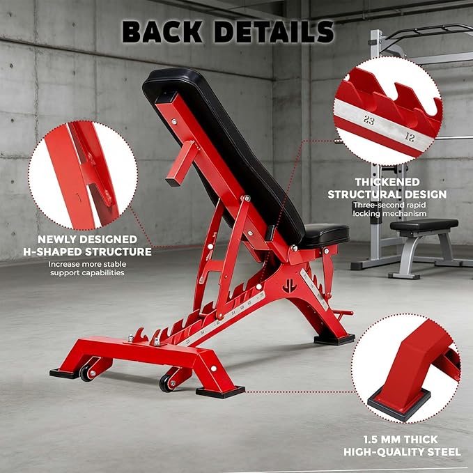 Adjustable Weight Bench 1300 lb Capacity, Foldable Workout Bench with 10 Backrest & 3 Seat Positions, Heavy Duty Home Gym Bench for Incline Decline Flat Dumbbell Training