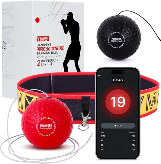 YMX BOXING® Training Reflex Ball with Counter App - Adjustable Elastic Headband, Light Weight Soft Foam Balls - Improve Coordination, Reaction Speed, Focus, Accuracy - Cardio Sports Exercise Equipment