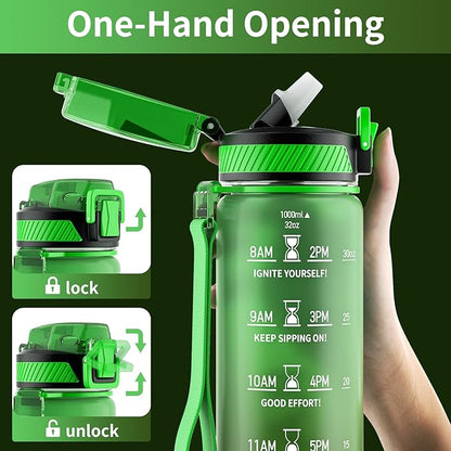 Water Bottle with Straw, 32oz Motivational Water Bottles with Time Marker to Drink, Tritan BPA Free, 1L Sports Water Bottle with Carry Strap LeakProof for Women Gym Fitness Outdoor (1 Pack)