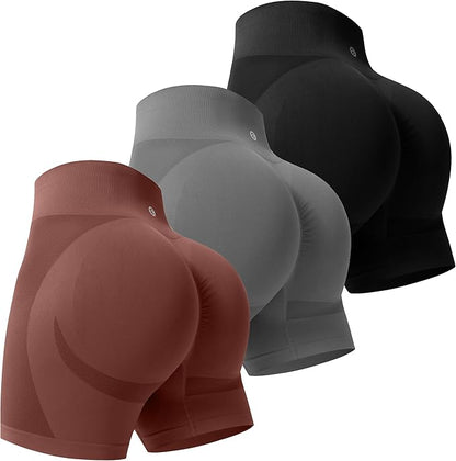 Evercute Women's Gym Shorts 3/4 Pack Seamless Scrunch Butt Lifting Workout Shorts 5" Tummy Control Ruched Booty Yoga Short