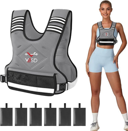 VBSD Adjustable Weighted Vest for Women Men 4-10lb/11-20lb/20-32lb Vest with 6 Ironsand Weights Body Weight Vest with Reflective Strip for Running Walking Strength Training Workouts