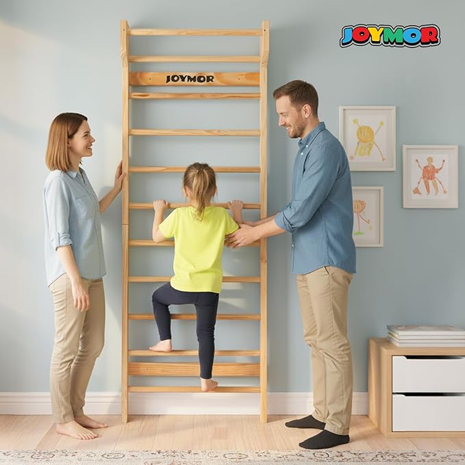 JOYMOR Gymnastics Swedish Ladder, Multiuse Exercise Ladder, Wall Mounted Pull Up Bar, Physical Therapy for Stretching and Various Exercises, Indoor Gym Workout Yoga (Wood Stall Bar)