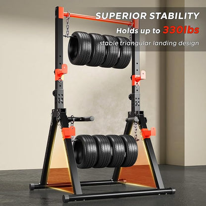 DlandHome Foldable Power Tower Pull Up Bar Dip Station, Adjustable Height Multifunction Workout Pull Up Tower Station for Home Gym, Strength Training Equipment, Triangular Legs, Up to 330lbs