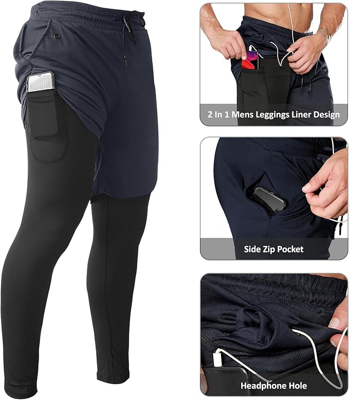 OEBLD Mens 2 in 1 Athletic Running Pants Quick Dry Gym Workout Shorts for Men Compression Pants with Pockets
