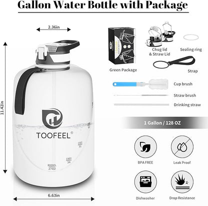 TOOFEEL 1 Gallon Water Bottle with Straw & Chug Lid,BPA Free,Leak-Proof, Dishwasher Safe,128 oz Large Water Jug with Strap,Sports & Travel & Gym Water Bottle for Men and Women - White