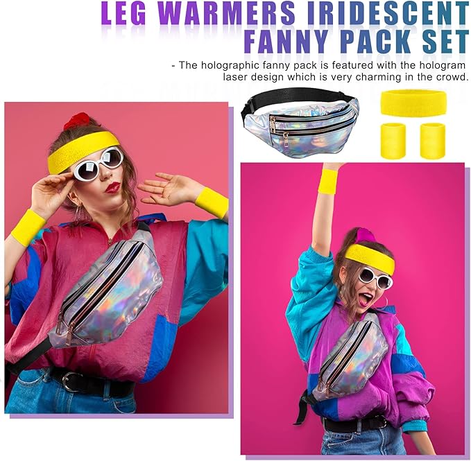 SATINIOR 80s Women Workout Outfit Neon Leg Warmer Headband Wristbands Fanny Pack Set 80s Accessories for Yoga Running