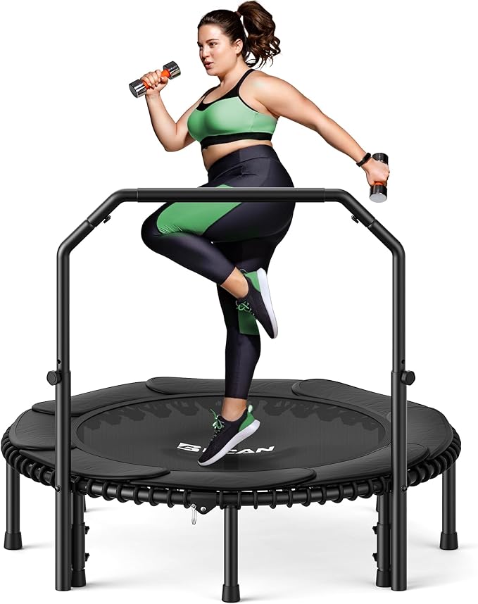BCAN BT2 450/550LBS Mini Rebounder Trampoline for Adults with Bar, Fitness Trampoline with Bungees, Adjustable Handle, Stable & Quiet, Indoor Outdoor, Whole-Body Workout & Relaxation at Home-40IN/48IN