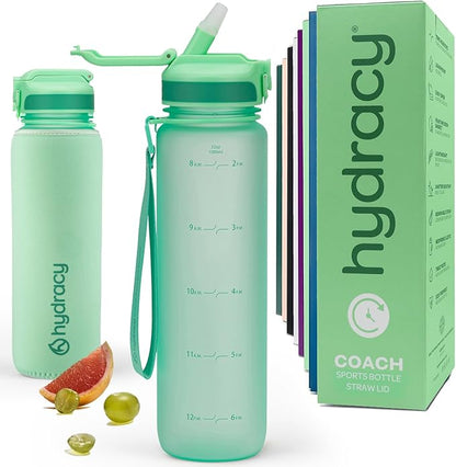 Hydracy Water Bottle with Time Marker -Large BPA Free Water Bottle & No Sweat Sleeve -Leak Proof Gym Bottle with Fruit Infuser Strainer & Times to Drink -Ideal for Fitness Sports & Outdoors