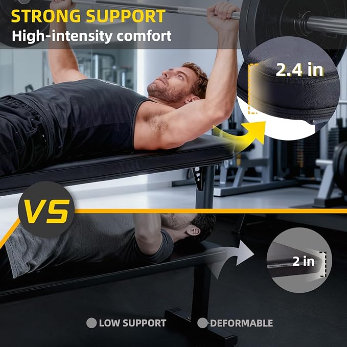 Flat Weight Bench, 2.4 Inch Thick Pad Workout Bench 660 LBS Bench Press Exercise Equipment for Home Gym Strength Weight Training