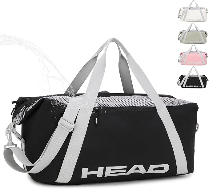 HEAD 45L Black Waterproof Gym Duffel Bag for Women Men, Large Capacity Weekender Overnight Bag with Detachable Strap, Lightweight Travel Tote for Fitness, Yoga & Business Trips