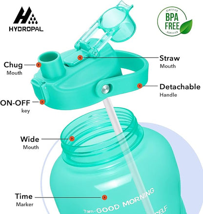 HydroPal 1 Gallon Water Bottles with Straw, 128 oz Water Bottle BPA Free Innovative 2-IN-1 Lid Gym Bottle with Times to Drink Motivational, Large for Sports Fitness Camping Water Jug （13.8X5.5 inch）