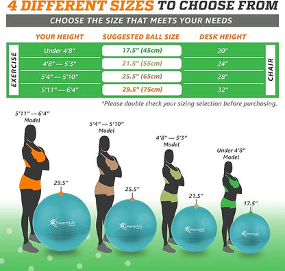 SmarterLife Exercise Ball Yoga Ball for Fitness, Balance, Stability, or Pregnancy, Gym Ball for Core Workout, Physical Therapy, Yoga Ball Chair for Office, Anti-Slip Anti-Burst