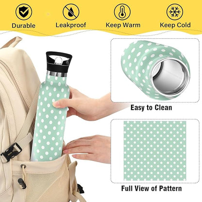 Kids Insulated Water Bottle for Boys Girls Polka Dot Mint Green 20 oz Stainless Steel Travel Mug Sport Water Bottles for Gym School