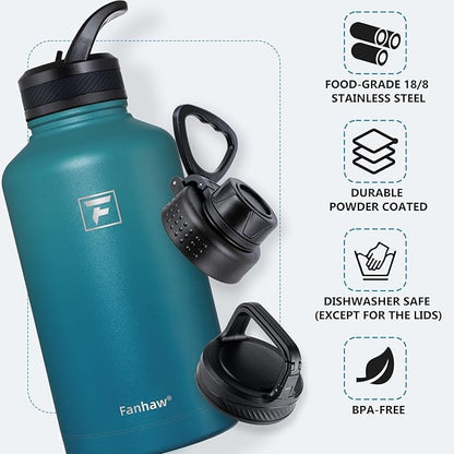 Fanhaw 64 oz Insulated Water Bottle – Large Stainless Steel Jug with 3 Lids (Straw, Spout, Carabiner) | Heavy-Duty, for Camping, Backpacking, Long Hikes & Outdoor Work (Green Blue)