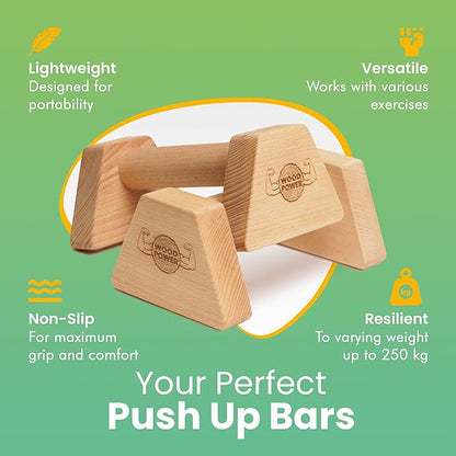 WOODPOWER® - PowerBars, Wooden Parallettes Push Up Bars, Joint-Friendly Beech Wood Calisthenics Equipment for Home, Durable Handstand Trainer Push Up Handles for Floors