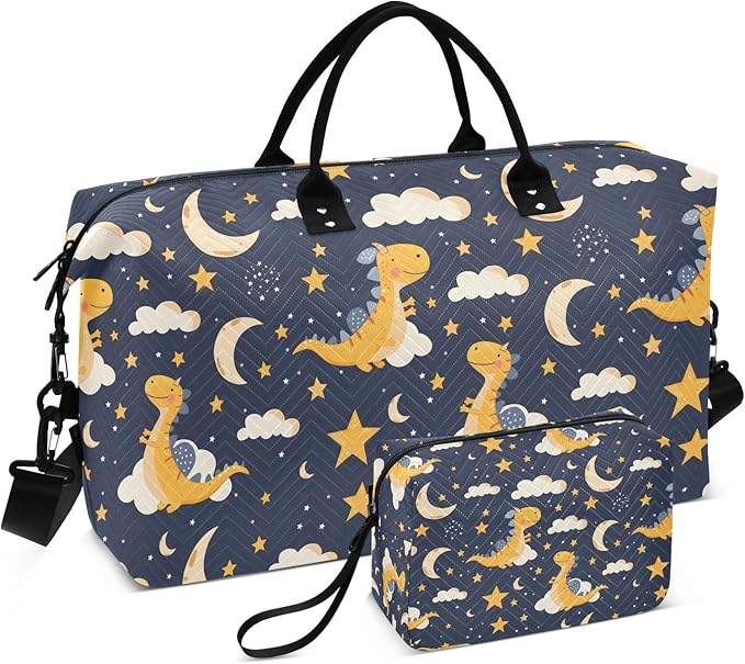 Weekender Bags Travel Duffel Gym Bag Dinosaur Stars Moon Carry on Overnight Tote Bag with Toiletry Bag for Airplane Travel Trip Gym Yoga