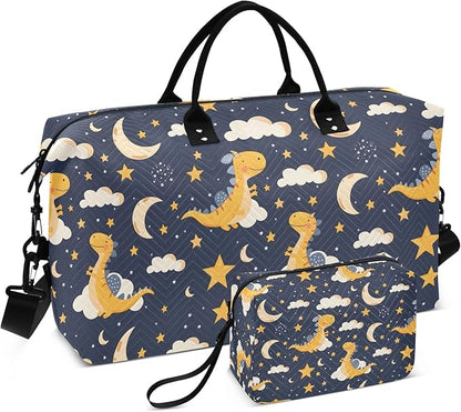 Weekender Bags Travel Duffel Gym Bag Dinosaur Stars Moon Carry on Overnight Tote Bag with Toiletry Bag for Airplane Travel Trip Gym Yoga
