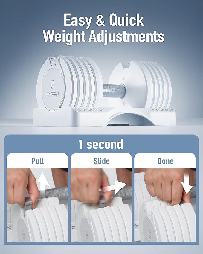 BYZOOM FITNESS Pure Series Adjustable Dumbbell - 12.5/25/27.5/75lb - ONE UNIT OR PAIR(check QTY before purchase) - 5-in-1/ 10-in-1 / 21-in-1 Flexible Hand Weights for Home Gym, Strength Training & Fitness Workouts, White OR Black