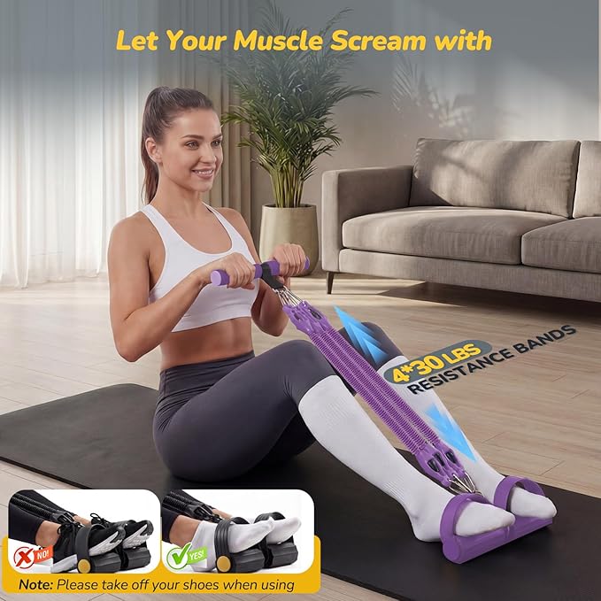 Upgrade Foot Pedal Resistance Bands with Handles, 4 Tube Adjustable Resistance Bands for Abdomen, Waist, Arm, Core/ABS, Leg Workout - Stirrup Puller for Men Women for Full Body Workout, Purple