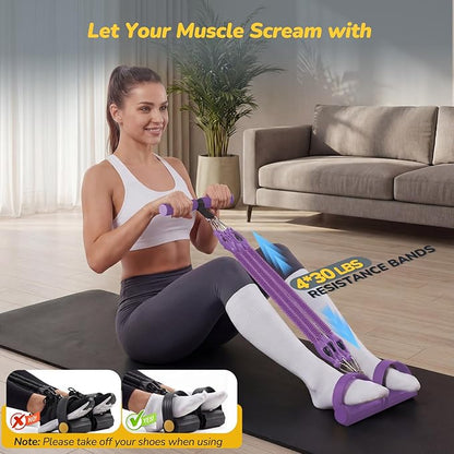Upgrade Foot Pedal Resistance Bands with Handles, 4 Tube Adjustable Resistance Bands for Abdomen, Waist, Arm, Core/ABS, Leg Workout - Stirrup Puller for Men Women for Full Body Workout, Purple