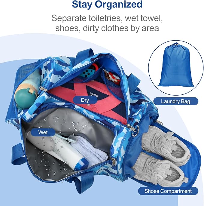 Bagseri Boys Duffle Bag for Travel - Kids Gym & Sports Bag with Shoe Compartment & Water Resistant Wet Pocket, Weekender for Camping & Sleepover (Blue Camo)