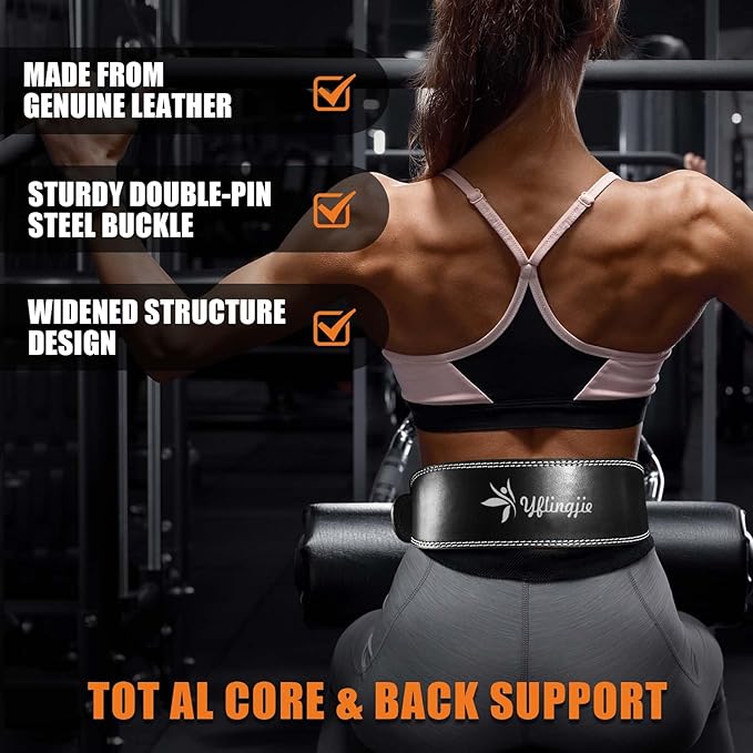 Women's Leather Lumbar Gym Belt for Heavy Lifting - 6.8mm Thick Weight Lifting Belt with Back Brace Support（Women & Men）, Squat Belt for Squats, Deadlifts & Strength Training（S/M/L）