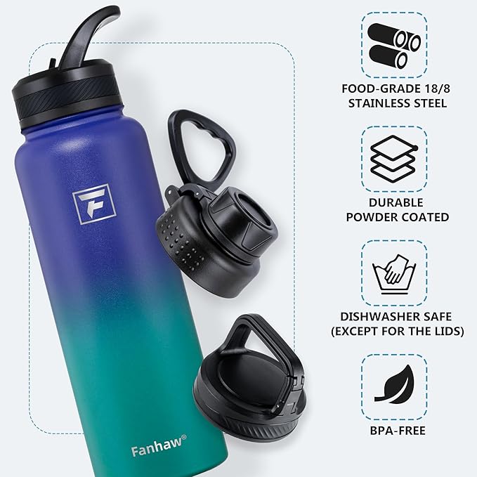 Fanhaw 40 oz Insulated Water Bottle – Stainless Steel Flask with 3 Lids (Straw, Spout, Carabiner) | Durable, Leakproof, for Hiking, Camping, Outdoor Adventures & Travel (Purple Green)