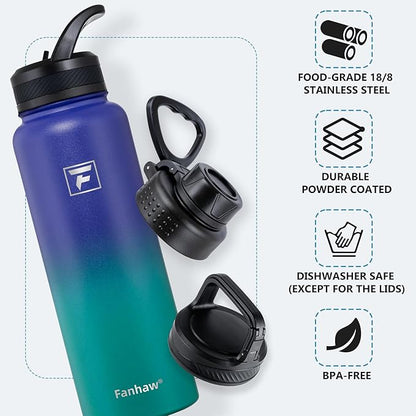 Fanhaw 40 oz Insulated Water Bottle – Stainless Steel Flask with 3 Lids (Straw, Spout, Carabiner) | Durable, Leakproof, for Hiking, Camping, Outdoor Adventures & Travel (Purple Green)