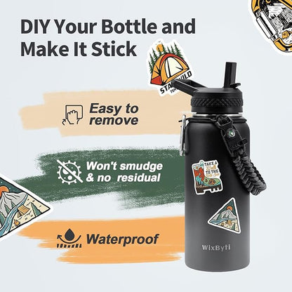 32 oz Insulated Water Bottle with Straw, Stainless Steel Triple Wall Vacuum Sports Water Jug, Leakproof Hydro Cup Flask with Paracord Handle & Straw Spout Lids & DIY Stickers