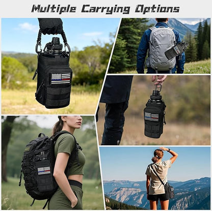 64 oz Insulated Water Bottle - Half Gallon Water Bottle with Sleeve Military Stainless Steel Water Jug with Handle for Men Sports Workout Hiking with Black Water Bottles Pouch