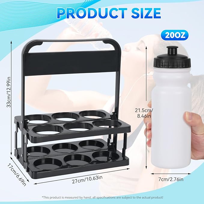 2026 Upgraded Water Bottle Carrier with 8pcs 20 oz Bottles and Stickers, Plastic Wide Squeeze Water Sports Bottles, Foldable Water Bottle Carrier, Soccer Water Bottles, Sports Team, Fitness Bike Gym