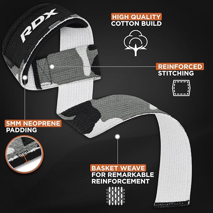 RDX Lifting Straps for Weightlifting –100% Cotton Heavy Duty Gym Wrist Strap with 5MM Neoprene Padding, 60CM Anti-Slip Hand Grip Wraps for Deadlifts Powerlifting Workouts Strength Training, Men Women