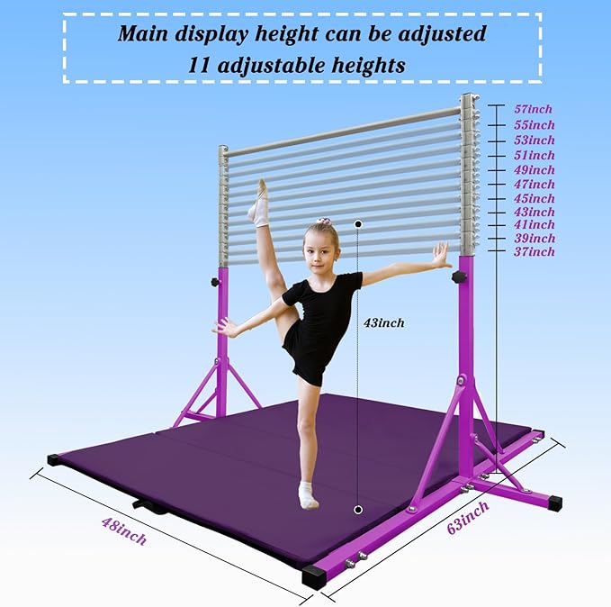 Gymnastics Bar for Kids Girls Ages 3-15 with Ring for Home Indoor Training Equipment- Steady Steel Construction, Anti-Slip, Easy to Assemble, 3' to 5' Adjustable Height