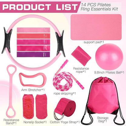 15 Pcs Home Pilates Essentials Kit for Women,Pilates Kit with 9 Inch Yoga Ball,Pilates Ring,Resistance Bands,Jump Rope,Workout Sets for Women,Pilates Equipment Set for Starter Toning Workout at Home
