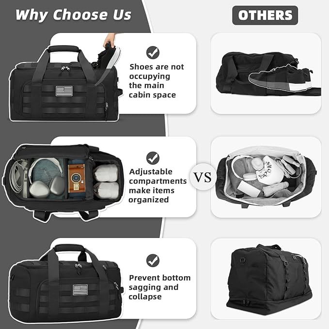 ZOMFELT Tactical Gym Bags for Men, Travel Duffle Bag with Removable Dividers & Innovative Shoe Compartment, 3-in-1 Waterproof MOLLE Gym Duffel Backpack, Airplane Carry-On Approved, Black
