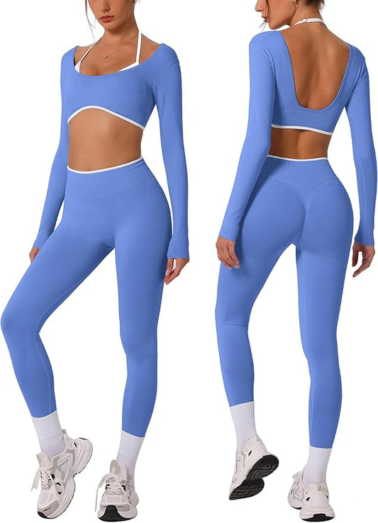 ABOCIW Workout Sets for Women Long Sleeve Crop Top Scrunch Butt Lifting High Waist Leggings 2 Piece Gym Yoga Outfits