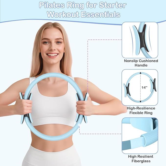 Hoedia 17 PCS Pilates Kit for Women, Pilates Equipment Ring and Ball Set with Resistance Bands, Yoga Strap, Core Sliders, Socks, Bag & Guide for Starter Home Workout Fitness Gym Essentials