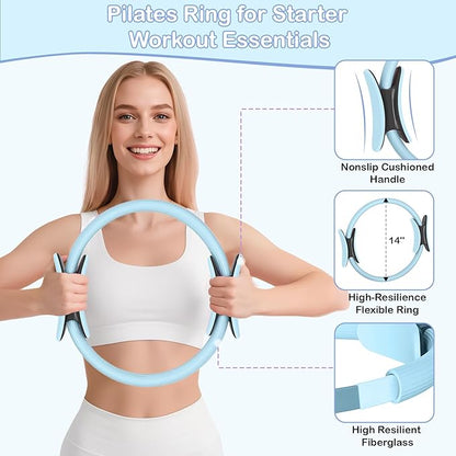 Hoedia 17 PCS Pilates Kit for Women, Pilates Equipment Ring and Ball Set with Resistance Bands, Yoga Strap, Core Sliders, Socks, Bag & Guide for Starter Home Workout Fitness Gym Essentials