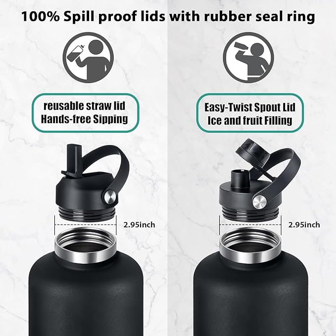 64 oz Water Bottle,Half Gallon Stainless Steel Water Bottles Insulated,Double Wall & Leak Proof, Travel,Football,Gym,Camping Essentials,Keep Cold All Day,Black