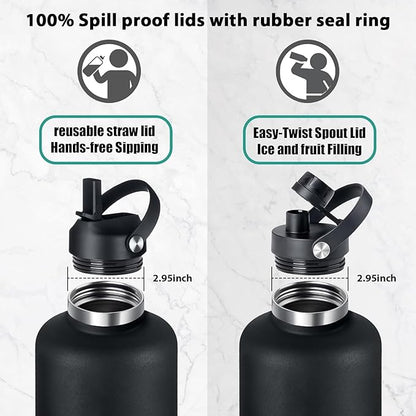 64 oz Water Bottle,Half Gallon Stainless Steel Water Bottles Insulated,Double Wall & Leak Proof, Travel,Football,Gym,Camping Essentials,Keep Cold All Day,Black