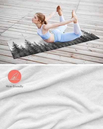 Forest Yoga Mat Towel with Corner Pockets for Hot Yoga Non Slip,Absorbent Yoga Blankets Microfiber Soft Gym Sweat Working Out Fitness Pilates Towels 70"x26" Rustic Grey Foggy Pine Tree Anmal Birds