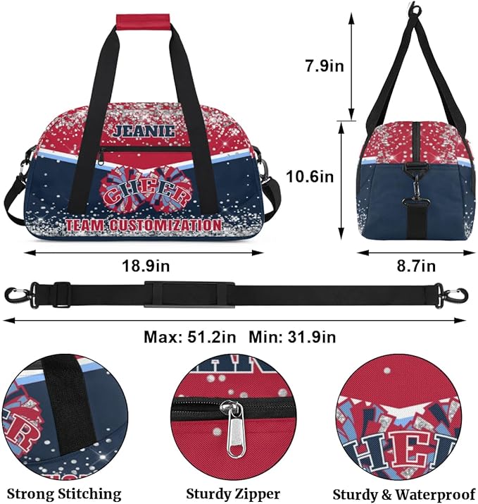 Personalized Cheer Gym Bags for Girls Kids Cheerleaders with Custom Name Sport Dance Perform Training Duffel Bags for Overnight Weekender Travel Red Blue