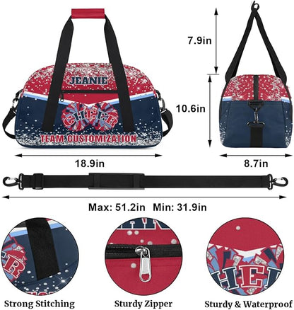 Personalized Cheer Gym Bags for Girls Kids Cheerleaders with Custom Name Sport Dance Perform Training Duffel Bags for Overnight Weekender Travel Red Blue