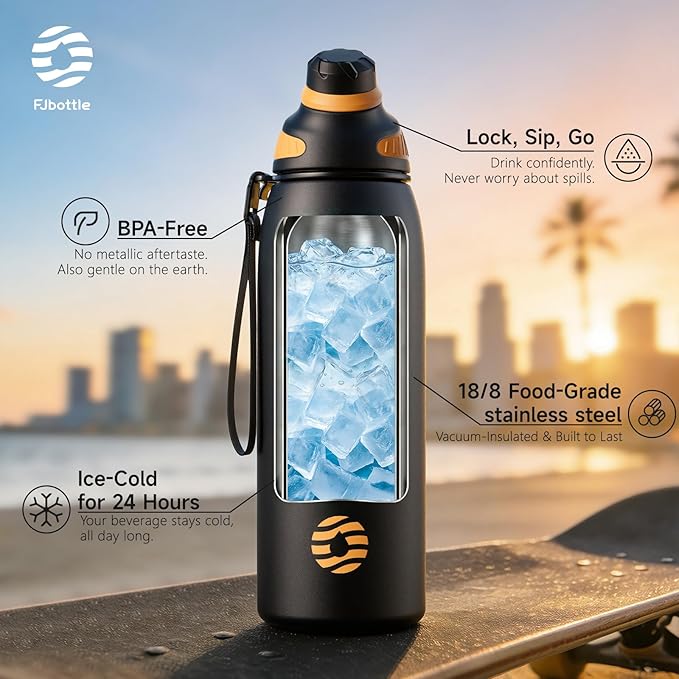 Fjbottle Insulated Stainless Steel Water Bottle, 24 Oz Leakproof Water Bottles, Ice Reusable Tumbler, Double Wall Vacuum Jug, Lightweight Durable for Traveling & Sports, Workout, 24oz
